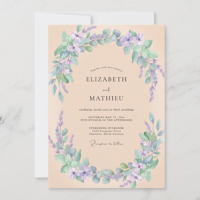 Convites Casamento com Aquarela Botânica Roxa de Pêssego (Frente)