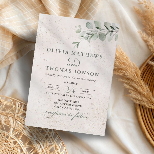 Convites Casamento com Aquarela Botânica Rústica em Verde S (Criador carregado)