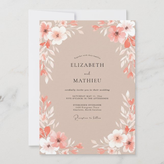 Convites Casamento com Aquarela Botânica Suave de Pêssego (Frente)