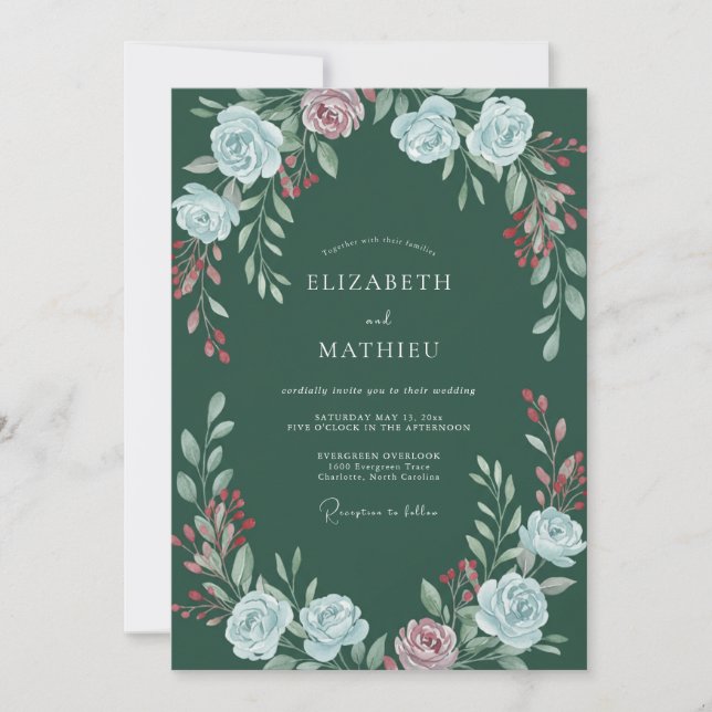 Convites Casamento com Aquarela Botânica Verde Esmeralda (Frente)