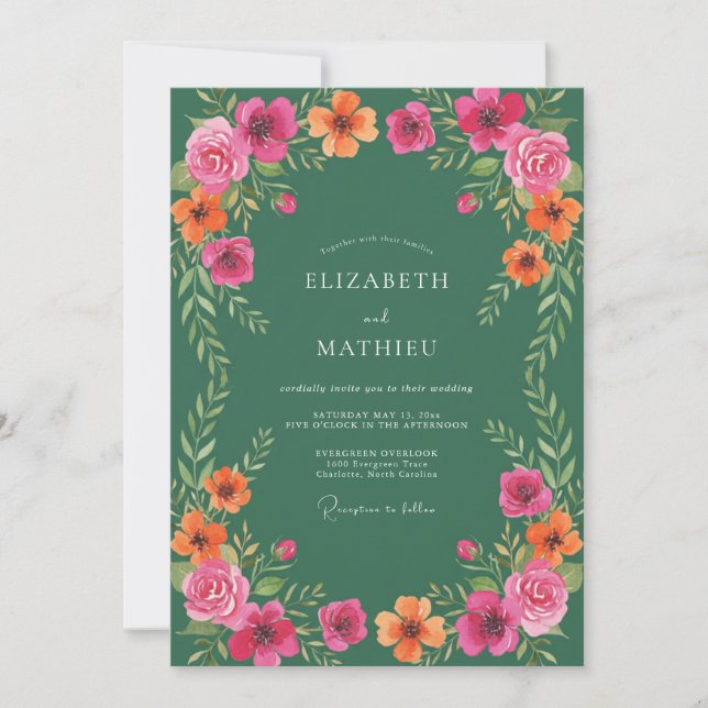 Convites Casamento com Aquarela Botânica Verde Floresta (Frente)