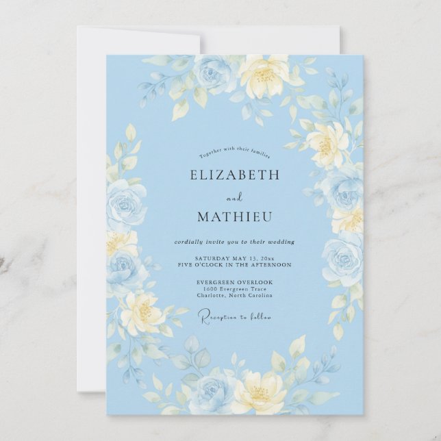 Convites Casamento com Aquarela Caprichosa Azul Céu (Frente)