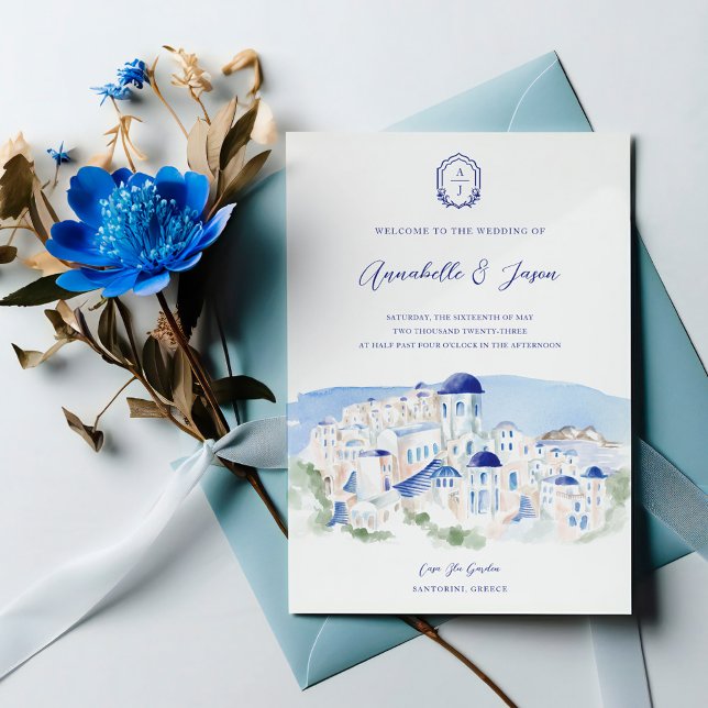 Convites Casamento com Aquarela da Arquitetura de Grécia Sa (Santorini Greece Architecture Watercolor Wedding Invitation)