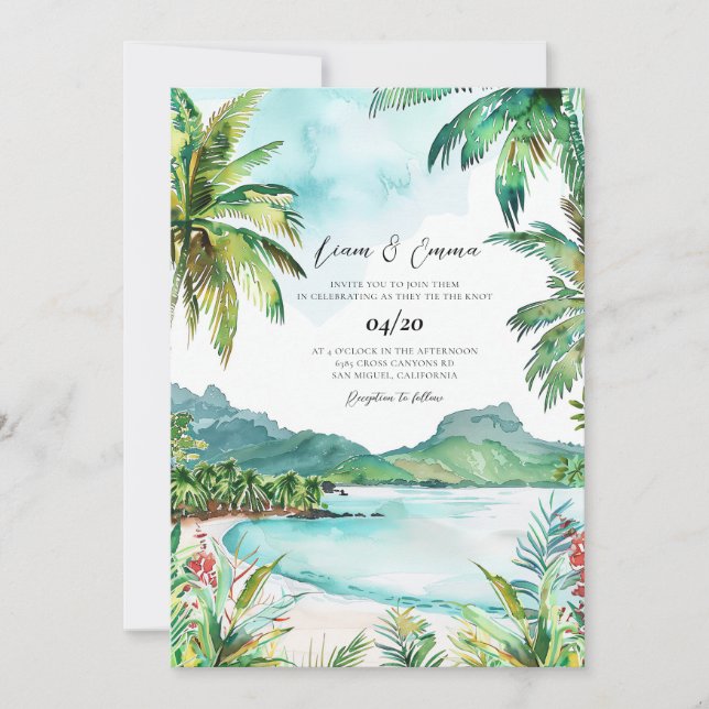 Convites Casamento com aquarela das Seychelles (Frente)