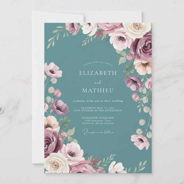 Convites Casamento com Aquarela de Ameixa Ardósia (Frente)