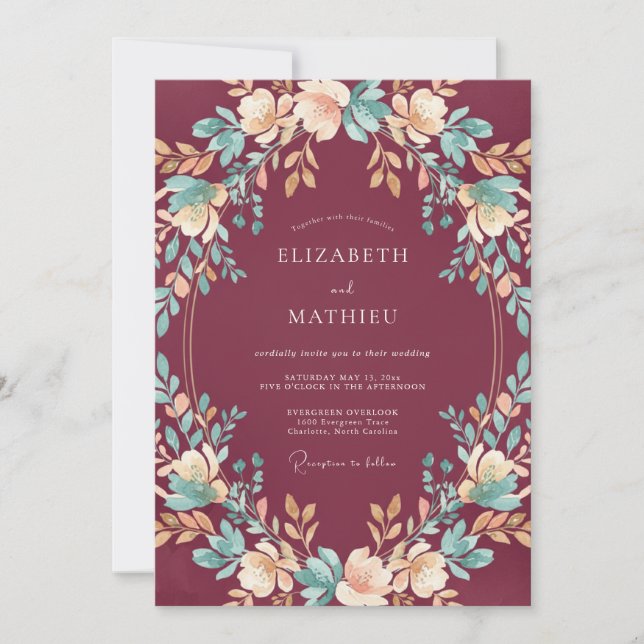 Convites Casamento com Aquarela de Ardósia Carmesim (Frente)