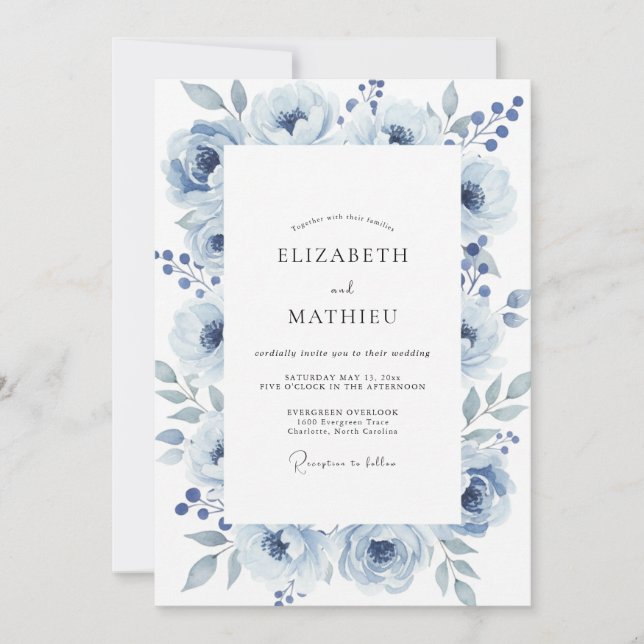 Convites Casamento com Aquarela de Ardósia Empoeirada (Frente)