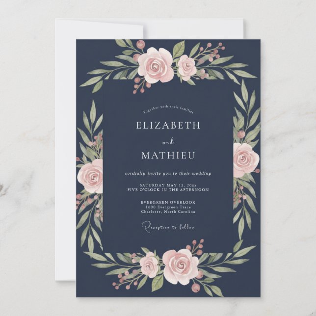 Convites Casamento com Aquarela de Azul-Marinho Intenso e R (Frente)