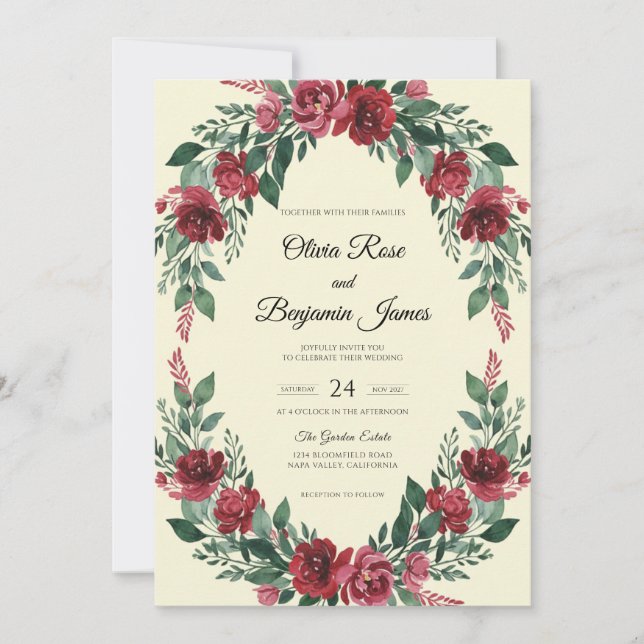 Convites Casamento com Aquarela de Borgonha Profundo (Frente)