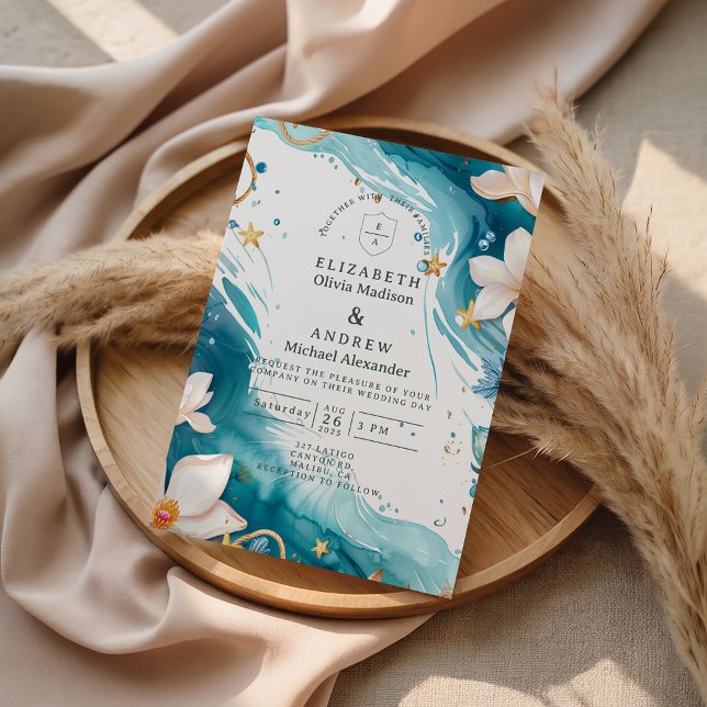 Convites Casamento com Aquarela de Conchas Marinhas da Cost (Criador carregado)