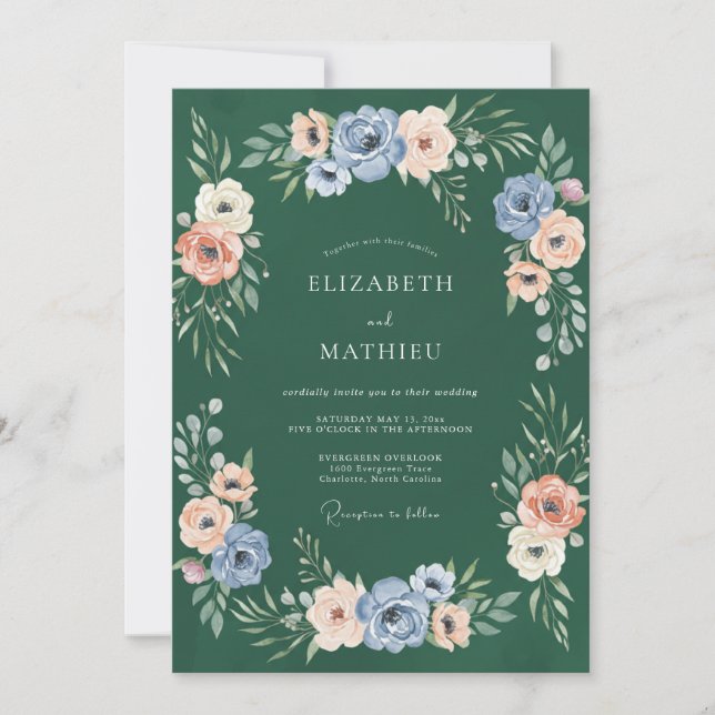Convites Casamento com Aquarela de Damasco Verde (Frente)