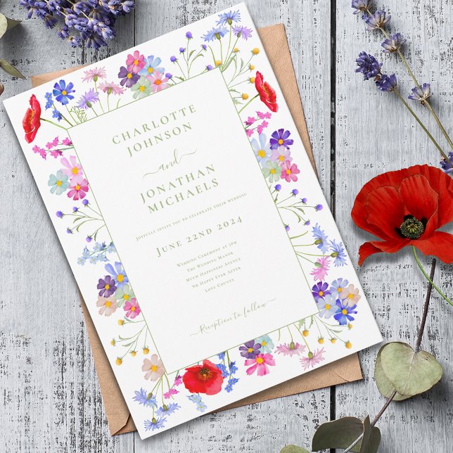 Convites Casamento com Aquarela de Flores Silvestres Vibran (Modern Colorful wildflower sage green typography wedding invitation boho chic watercolor floral)
