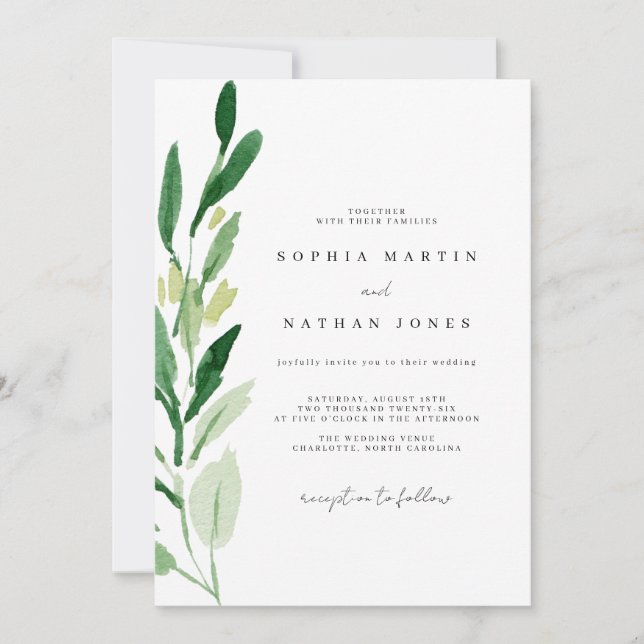 Convites Casamento com Aquarela de Folha Verde Elegante (Frente)