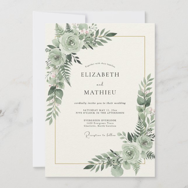 Convites Casamento com Aquarela de Folhagem Celadon (Frente)