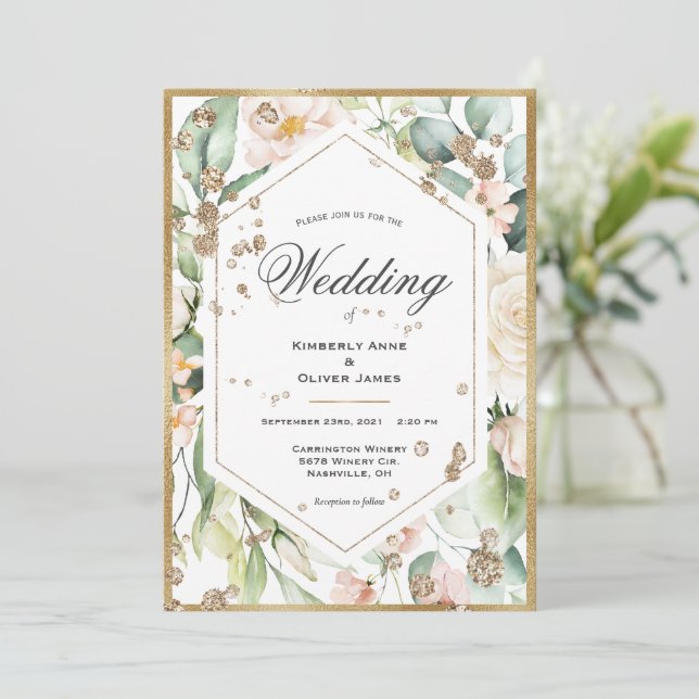 Convites Casamento com Aquarela de Frame Dourado Floral (Em pé/Frente)