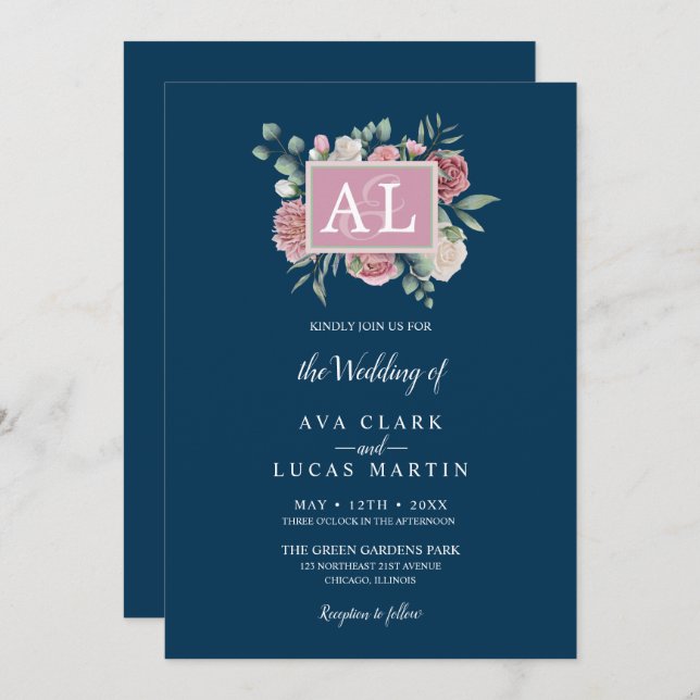 Convites Casamento com Aquarela de Frame Floral Rosa-marinh (Frente/Verso)