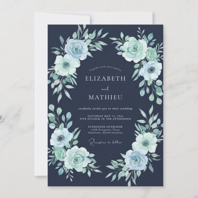 Convites Casamento com Aquarela de Hortelã à Meia-Noite (Frente)