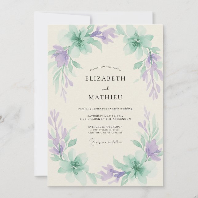 Convites Casamento com Aquarela de Hortelã e Periwinkle (Frente)