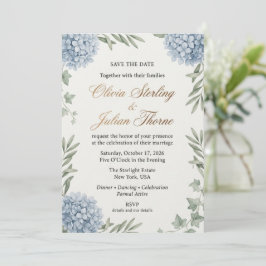 Convites Casamento com Aquarela de Hortênsia Azul Elegante