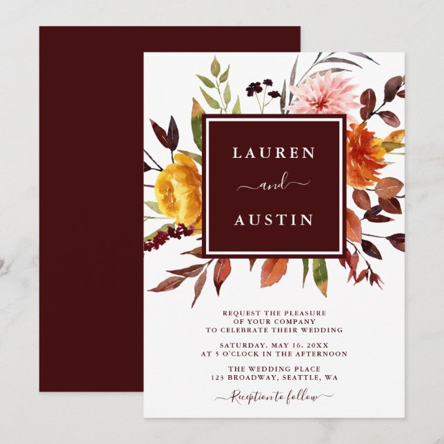 Convites Casamento com Aquarela de Jardim de Outono em Borg (Frente/Verso)