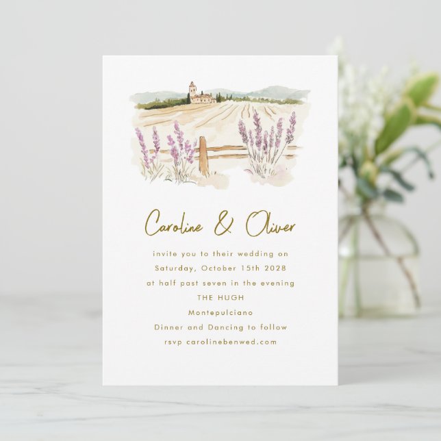 Convites Casamento com Aquarela de Lavanda da Toscana (Em pé/Frente)