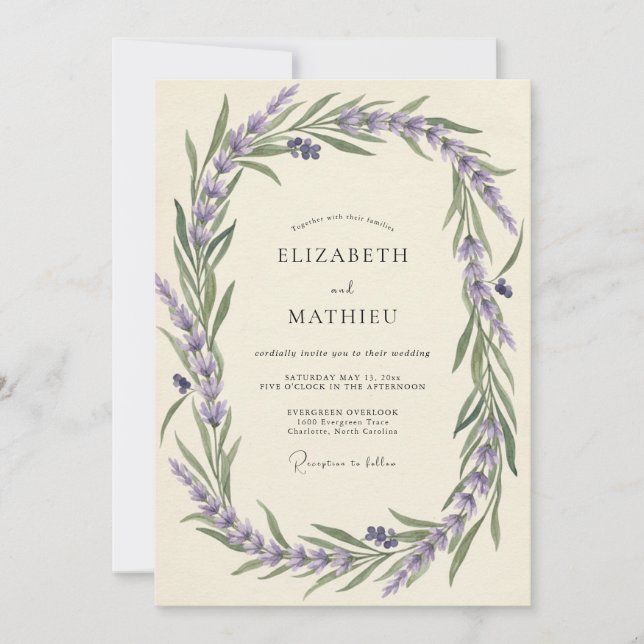 Convites Casamento com Aquarela de Lavanda Desbotada (Frente)