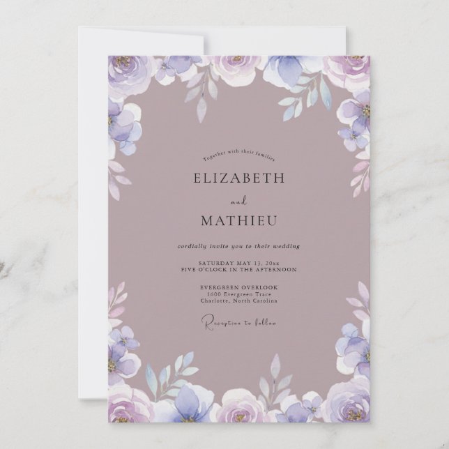 Convites Casamento com Aquarela de Lavanda Malva (Frente)