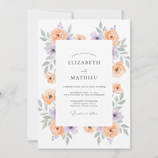 Convites Casamento com Aquarela de Lilás e Damasco (Frente)