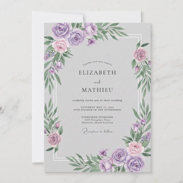 Convites Casamento com Aquarela de Lilás Prateado (Frente)
