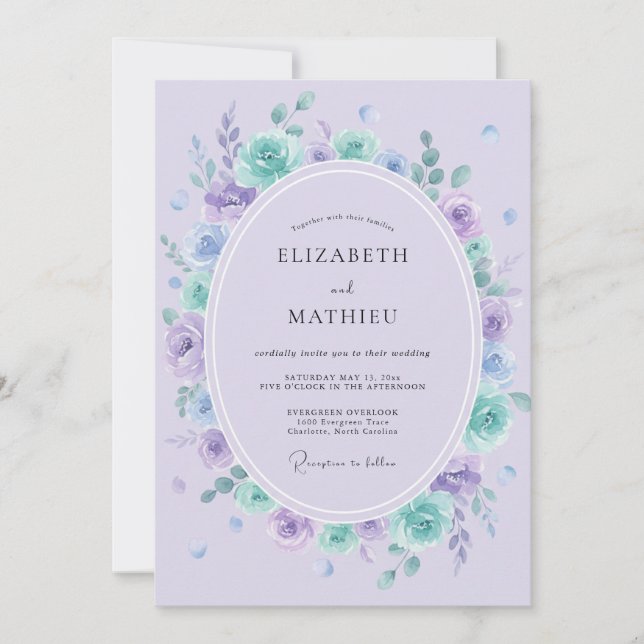 Convites Casamento com Aquarela de Lilás Suave e Água (Frente)