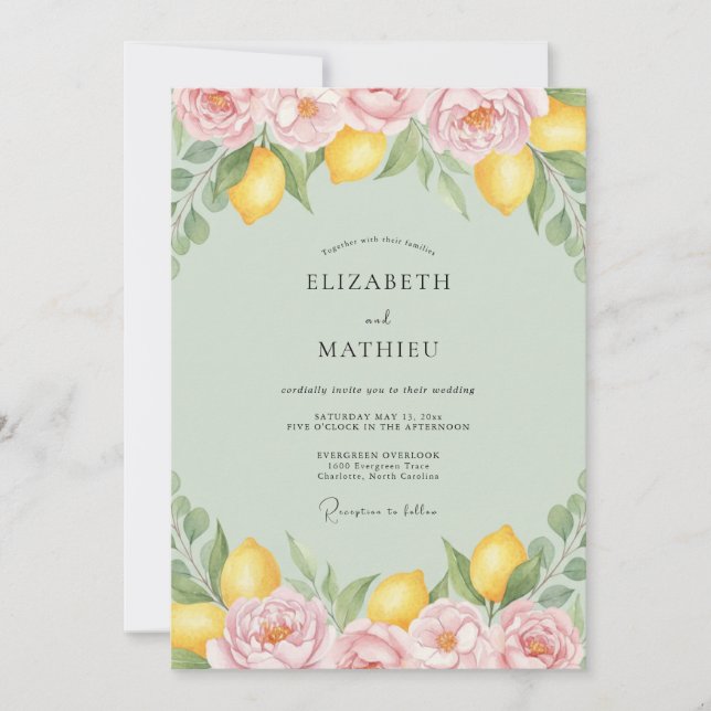 Convites Casamento com Aquarela de Limão Cítrico (Frente)