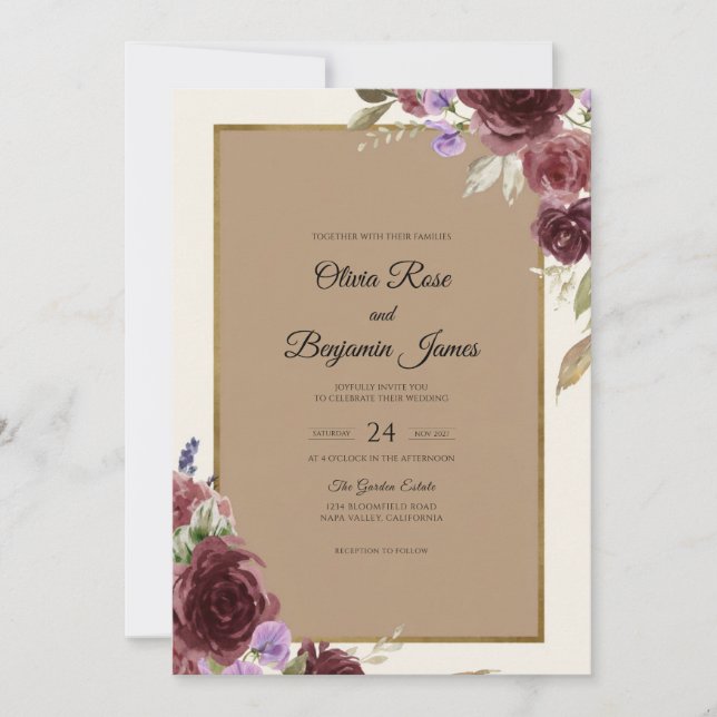 Convites Casamento com Aquarela de Malva Borgonha (Frente)
