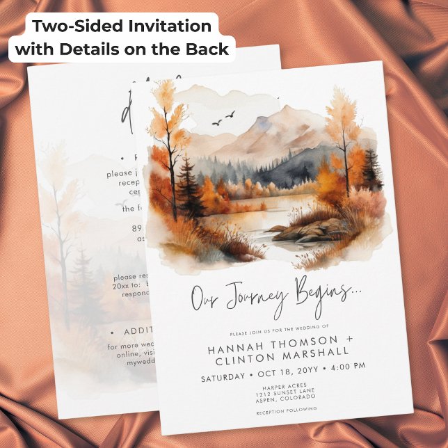 Convites Casamento com Aquarela de Montanha no Outono Rústi (Rustic Fall Mountain Watercolor Wedding Two Sided Invitation)