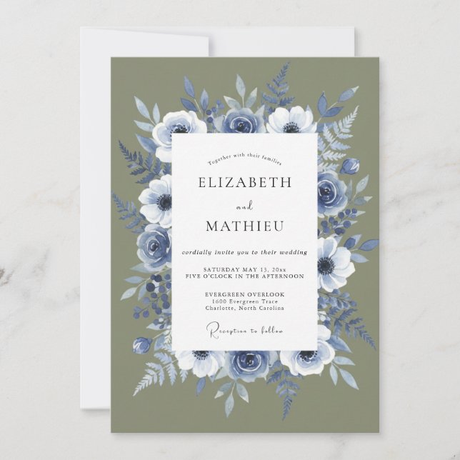 Convites Casamento com Aquarela de Musgo de Ardósia (Frente)