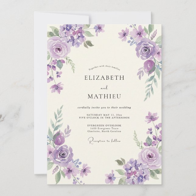 Convites Casamento com Aquarela de Orquídea Violeta (Frente)