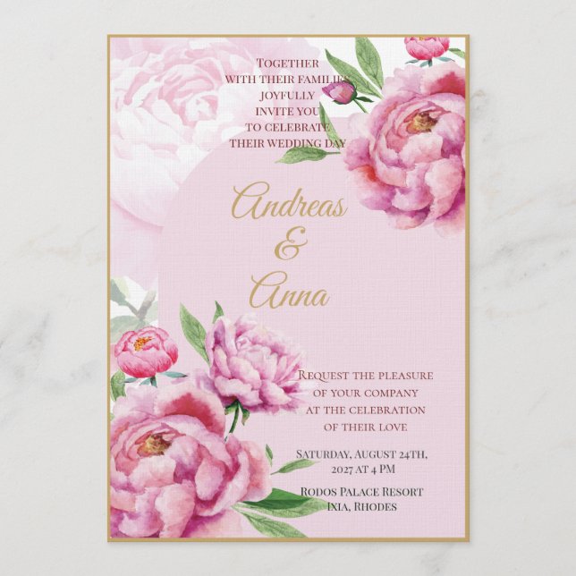 Convites Casamento com Aquarela de Peônia Rosa Blush (Frente)