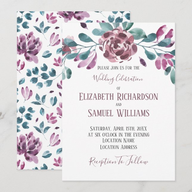 Convites Casamento com Aquarela de Peônia Violeta Roxa (Frente/Verso)