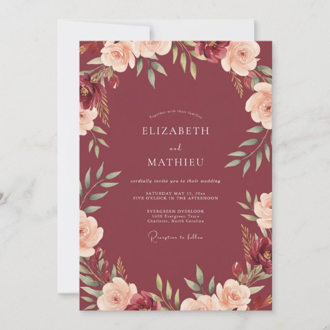 Convites Casamento com Aquarela de Pêssego Borgonha (Frente)