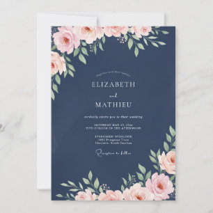 Convites Casamento com Aquarela de Pêssego e Azul Marinho P