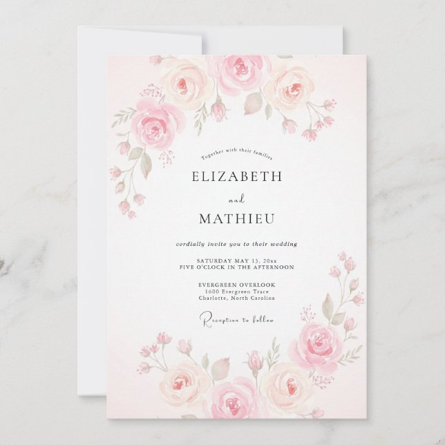 Convites Casamento com Aquarela de Pêssego Rosado (Frente)