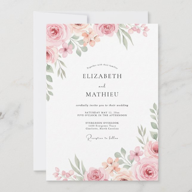 Convites Casamento com Aquarela de Pêssego Suave (Frente)
