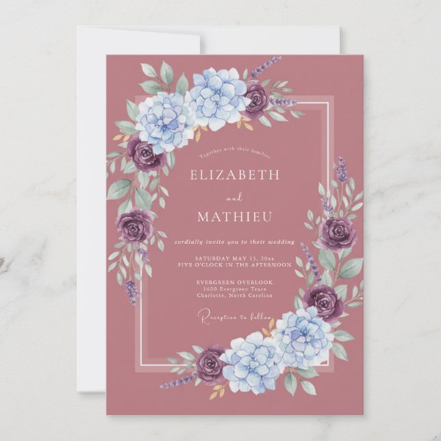 Convites Casamento com Aquarela de Plumagem Violeta (Frente)