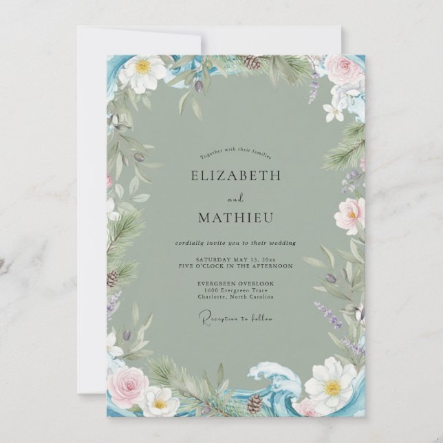 Convites Casamento com Aquarela de Rosa Beijado de Sage (Frente)