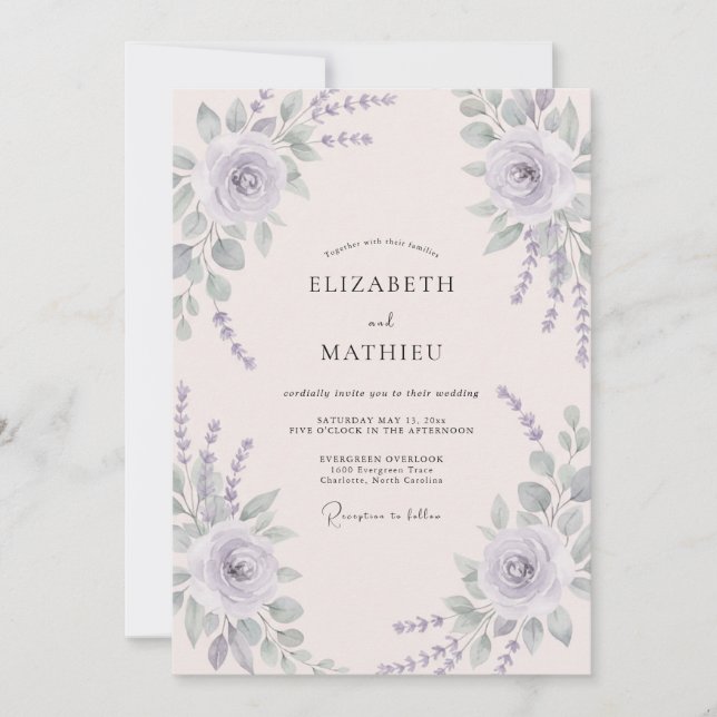 Convites Casamento com Aquarela de Sálvia e Periwinkle (Frente)