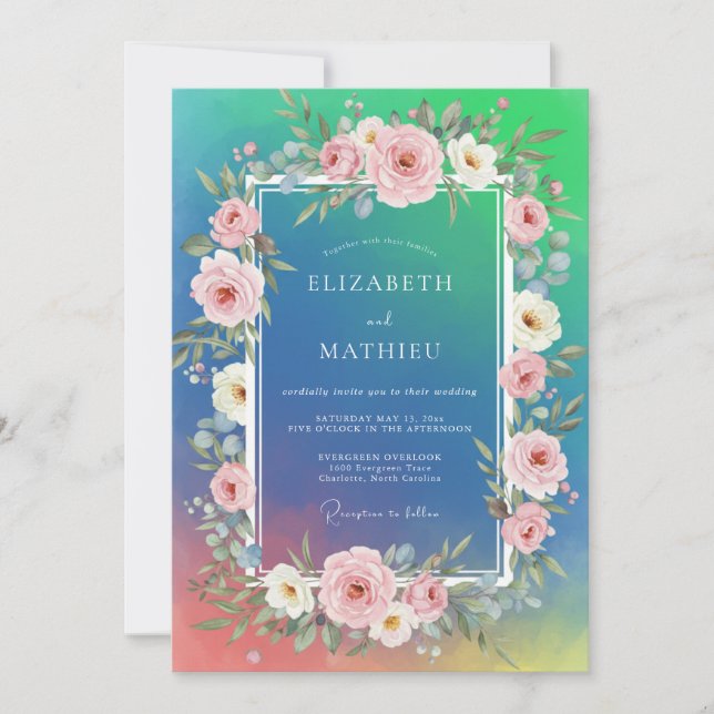 Convites Casamento com Aquarela de Tonalidade Ciano (Frente)
