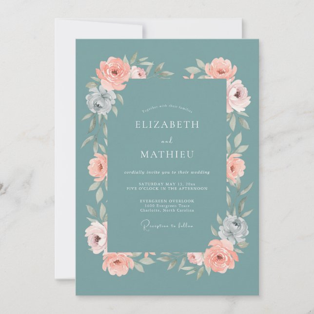 Convites Casamento com Aquarela de Tons Suaves em Azul Verd (Frente)
