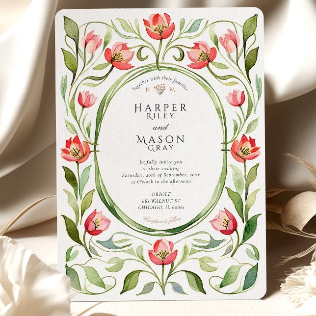 Convites Casamento com Aquarela de Tulipa Vintage (Criador carregado)