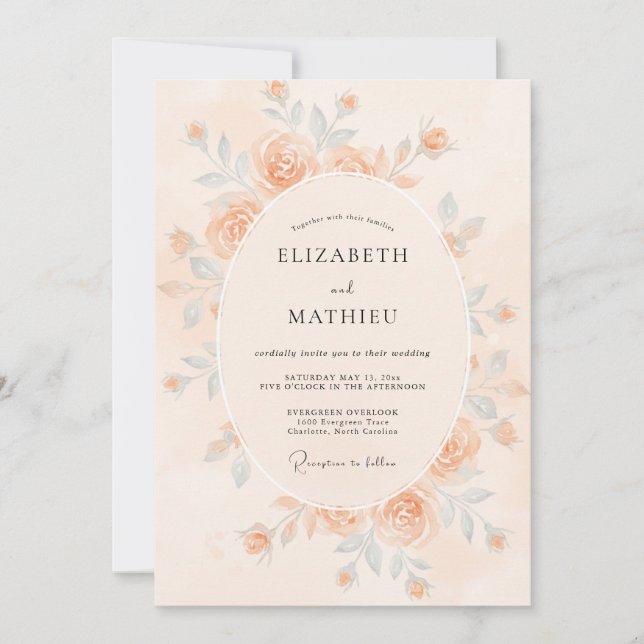 Convites Casamento com Aquarela Delicada de Pêssego (Frente)