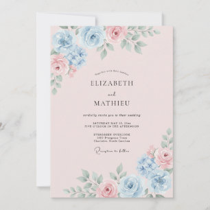 Convites Casamento com Aquarela Delicada em Azul Empoeirado