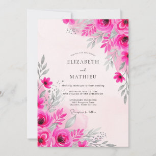 Convites Casamento com Aquarela Delicada em Fuchsia